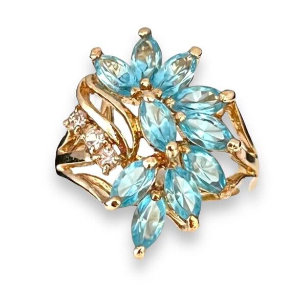 Vintage Ring Size 6 Blue Crystal Cluster 14K Gold Plate Mid-Century 14E - Picture 7 of 14